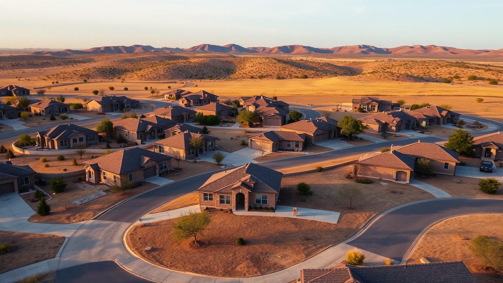 Aerial view of a newer Central Texas suburban neighborhood outside Austin