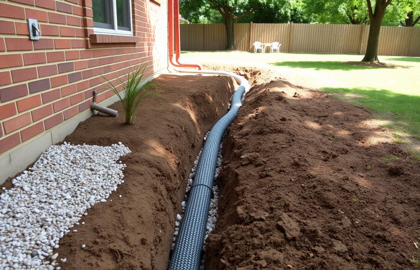 French drain installation alongside the foundation of a residential home