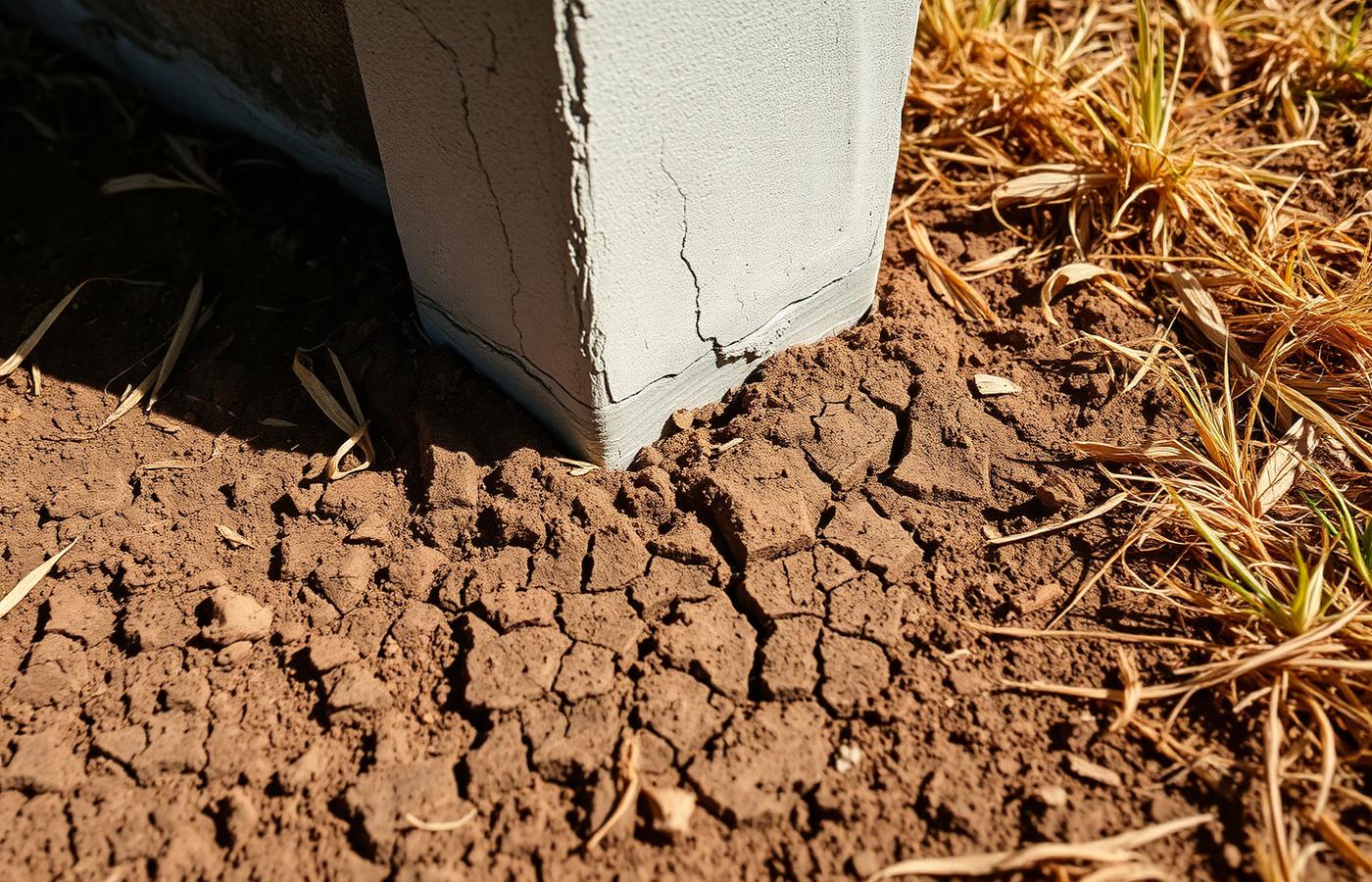 Dry cracked clay soil pulling away from a residential concrete foundation during a Texas drought