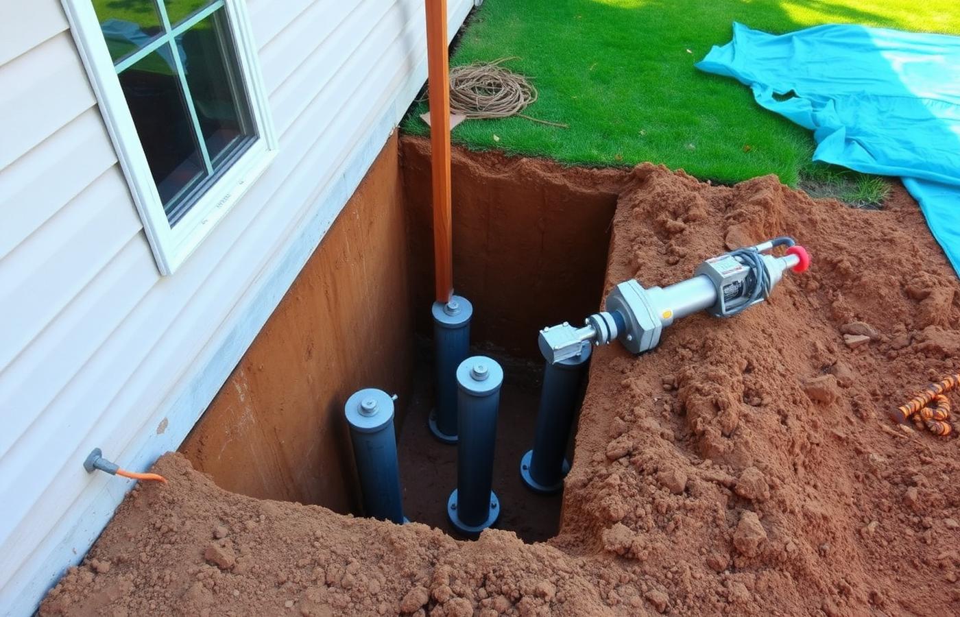 Excavated pier installation at the edge of a residential foundation