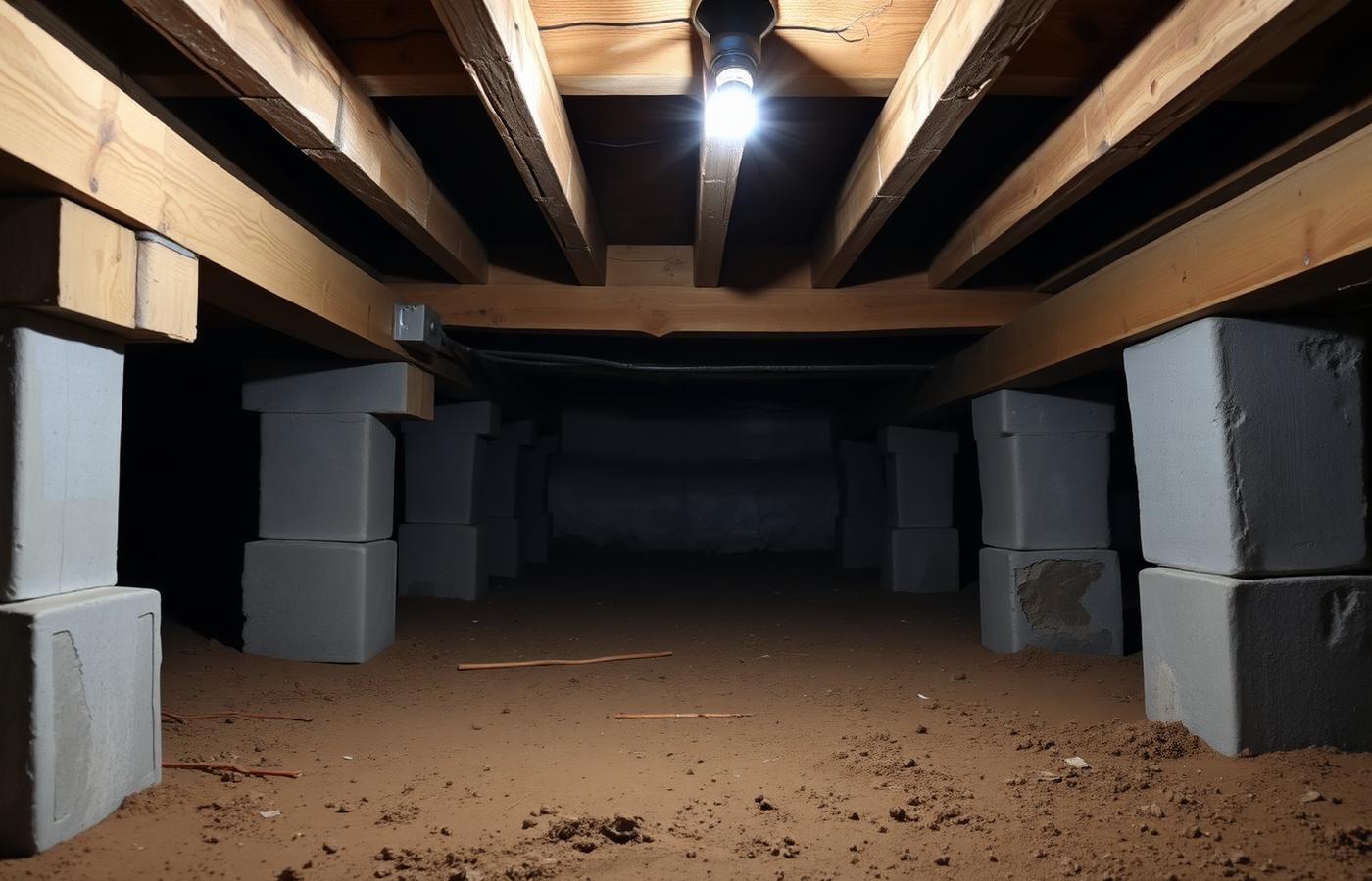Crawl space beneath a pier and beam home showing wood beams and concrete pier blocks